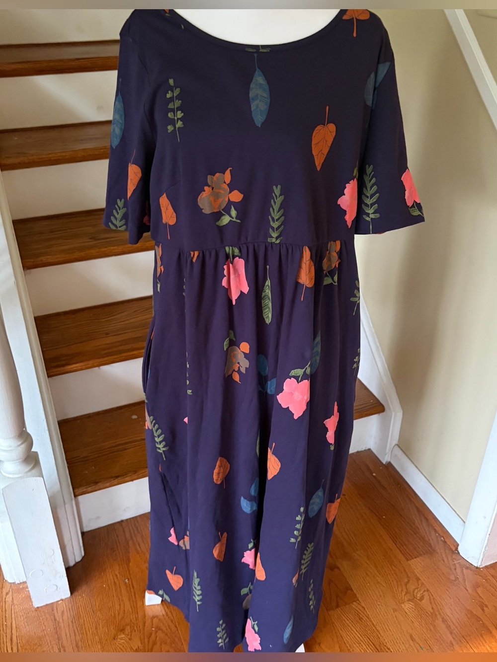 Coldwater Creek Floral Cotton Dress Large Blue Empire Waist Boho Autumnal Y2K
